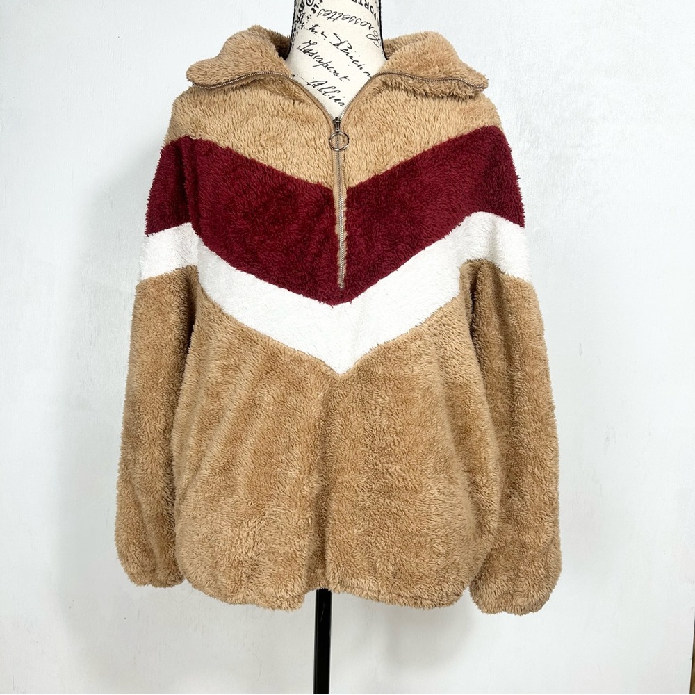 Forgotten Grace | half zip fuzzy teddy bear Chevron plush pullover pockets